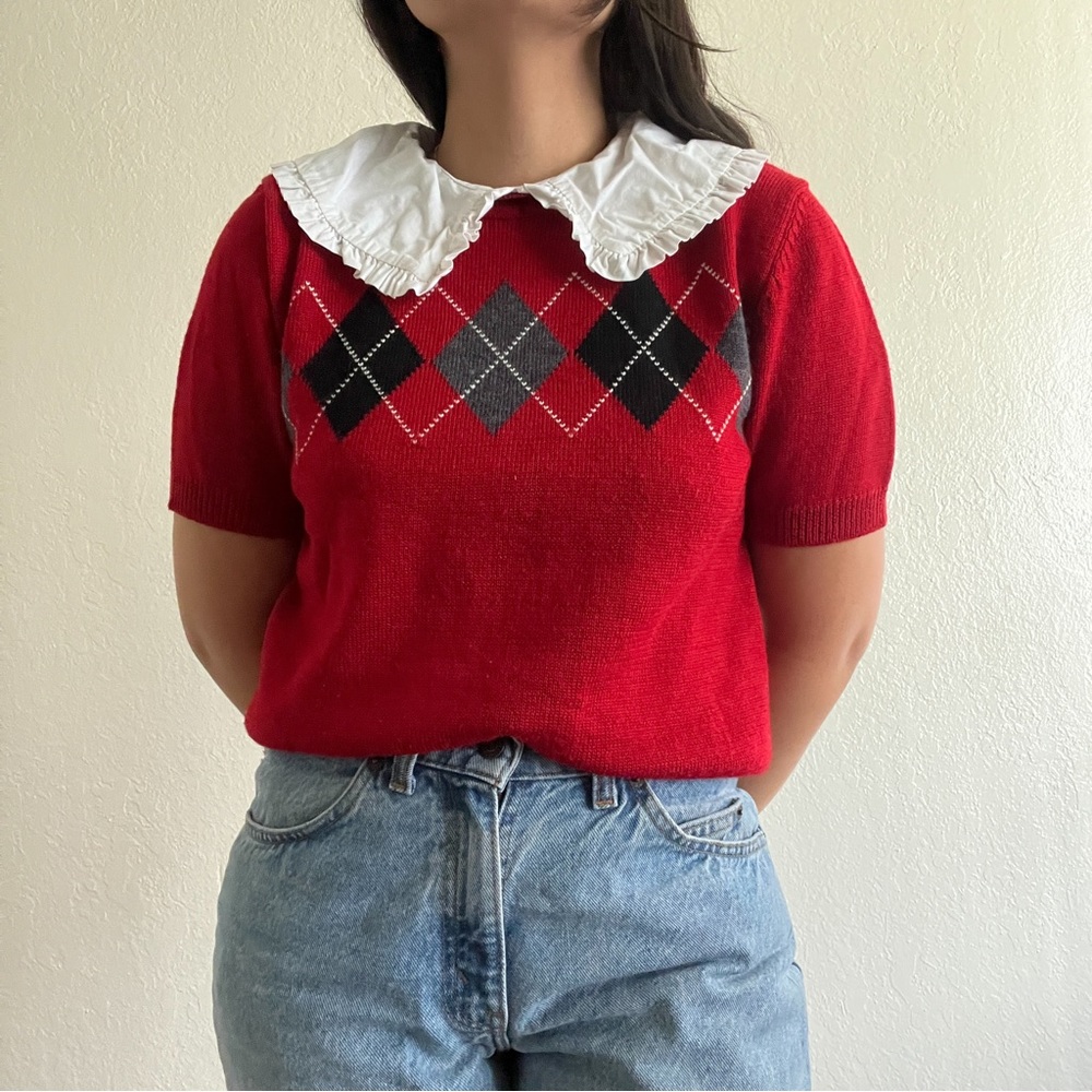 Vintage Red Argyle Sweater Top